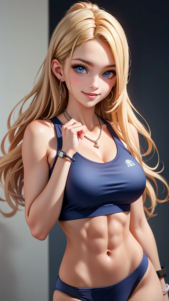 25-year-old Caucasian woman、ash blonde、blue eyes、semi-long、setting hair、My hair is wavy、My abs are cracked、Slender but thin macho、The navel is visible、accessories on the wrist、wearing a chain necklace、beautiful breasts、smile、I am wearing a sports bra from a sports manufacturer.、I&#39;m wearing low-rise training pants.、I'm wearing sneakers、wearing red socks、wearing a sports cap、Standing with your back against the trunk of a tree on the grass in the park、Wearing colorful wristbands