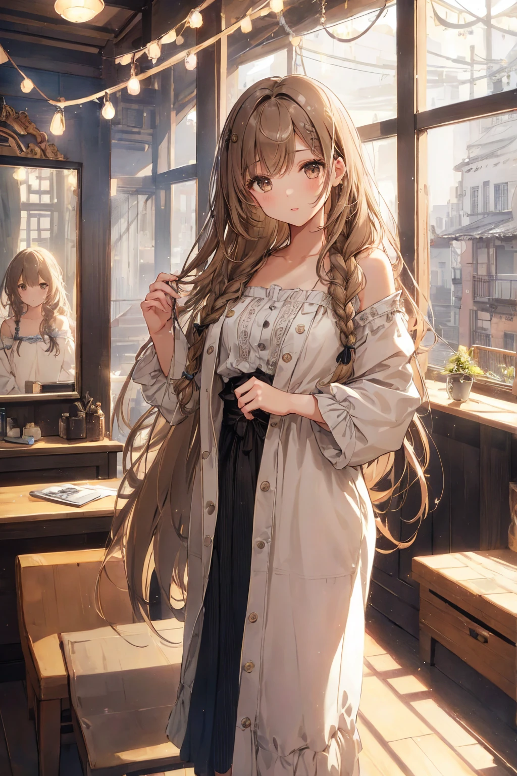 ((One Girl)),Fringe hair、Braided hair、Disheveled Hair、Light brown eyes、(Dignified look)、((Casual clothing))、Small breasts，Flat chest，Femininity，Girly，very beautiful，Dressing room、Selfie、(Photorealistic)、(Intricate details:1.2)、(masterpiece、:1.3)、(Highest quality:1.4)、(Ultra-high resolution:1.2)、Ultra-high resolution、(Detailed eyes)、(Detailed facial features)