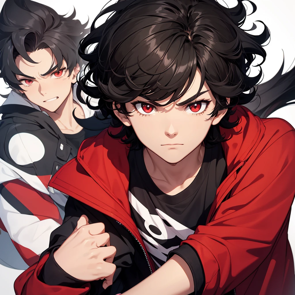 Image of a 14-year-old boy with dark hair and curly black hair, wearing a red shirt with a black jacket over it, with design based on the style of a pokemon trainer.