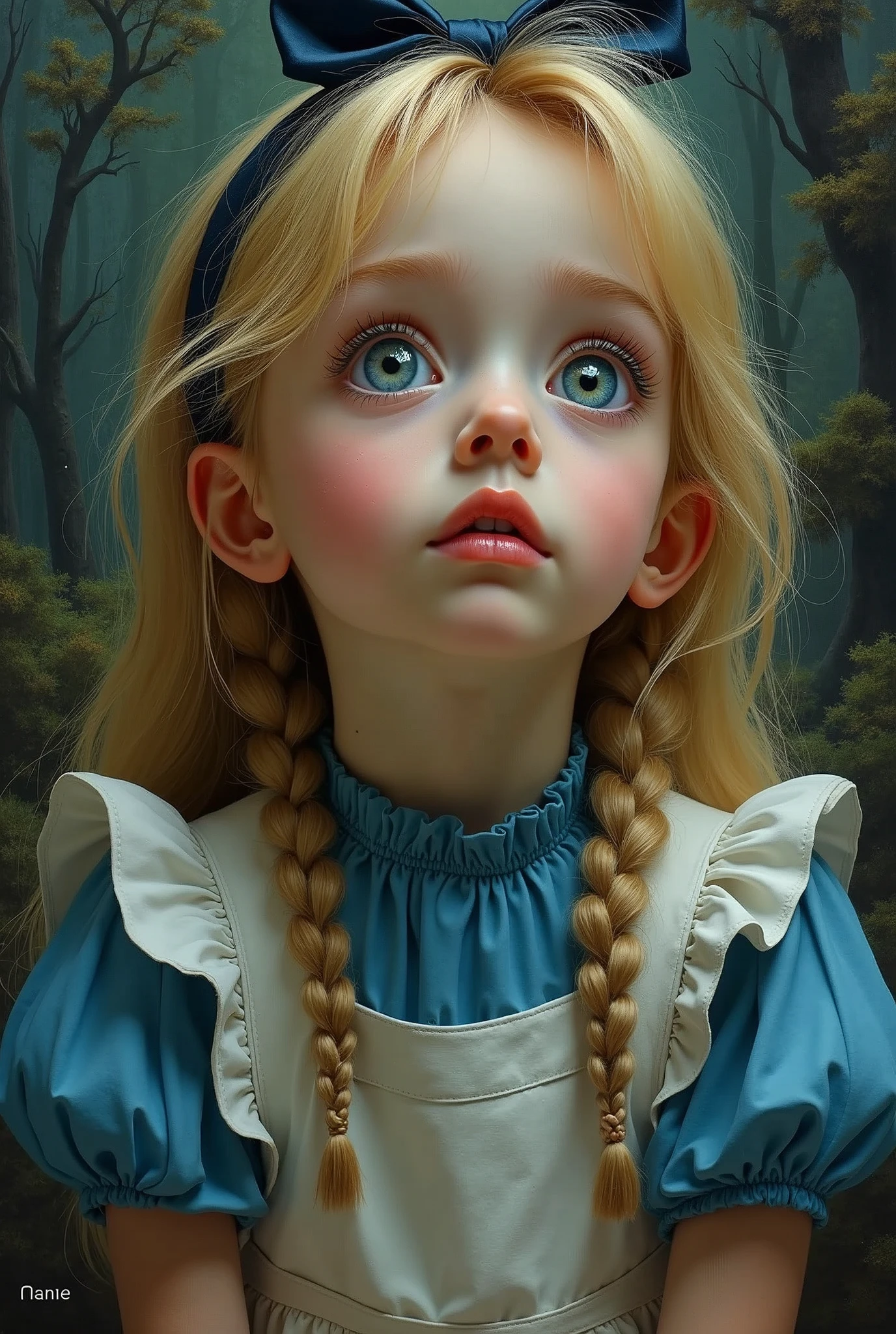 Create a full-body painting of Alice in Alice in Wonderland to capture a moment of deep contemplation. Her expression should be a mixture of curiosity and a hint of anxiety, as if she is in deep doubt about reality and her place in it. Her large eyes should be wide open, reflecting the surreal world around her. Perhaps there should be hints of distorted imagery hidden in the colourful landscape - a smiling Cheshire cat, a clock, the winding paths of a Wonderland forest. The lighting is soft yet dramatic, casting gentle shadows that emphasise the depth of her thoughts. Her hair could be slightly dishevelled, as if she has been on a long journey, and the iconic headband should perhaps be slightly slanted to add to the sense that she is pensive. The colour palette should be a mix of soft pastels and dark, introspective tones to create a balance between innocence and the complexity of her thoughts.
Translated with DeepL.com (free version)