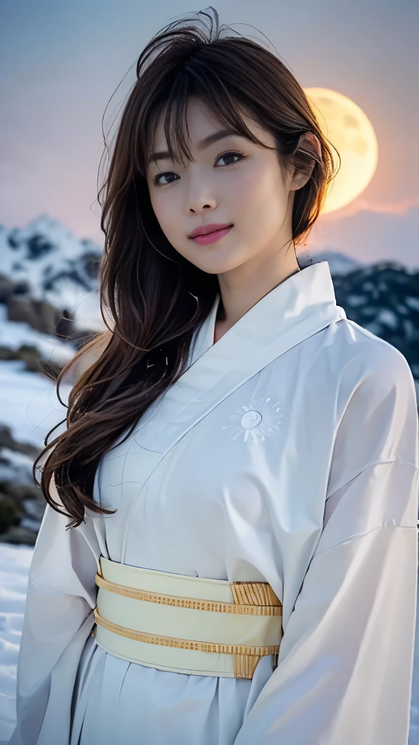 First Person,Perfect Anatomy ,(((Wear white clothing that exposes as little skin as possible,夜に雪山の岩に膝を揃えて腰を下ろした美新Shii女性))),(((In the dim light of a snowstorm,A snow woman in a white kimono is looking at the moon))),(((masterpiece))),色白のうなじが眩Shii,(((美Shii純白の着物が映えます))),Tuck your chin in and place your hand on your cheek,((4K profile shot with the moon in the background)),20-year-old, The lustrous chestnut colored two-block very short haircut has a sexy nape,(Smile with the corners of your mouth and eyebrows raised),((Gravure photoshoot in the snowy mountain forest)),((Long eyelashes,Big eyes,Transparent double eyelids,((Glossy thick lips)),Short bob is cute,It captures the essence of her athleticism and energy..,Hasselblad'Deep depth of field, portraying the motion and grace of フリーズ, showing the wind blowing her ショートカット and clothes,Outdoor, Detailed Background,Best image quality,Professional perspective,Amazing details,Ultra-high resolution,Realistic:1.4),Attention to detail,Attention to detail,One girl is concentrating,栗色の美新Shiiヘアー,繊細で鼻が高く美新Shii顔,Long limbs like a model,Tight waist,チラ見えする白い肌が眩Shii,god々Shii,Cinematic,