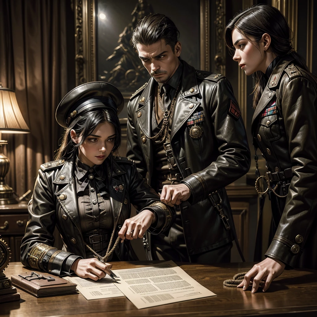 a woman in military uniform steampunk signs documents on a desk, behind her a hitman with a rope stretched out in his hands approaches her from behind,hyper-realistic, photorealistic, hyper-detailed