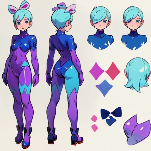 a watercolor style (((character design sheet))) of latex bunny suit ((full body)) (múltiple views and color palette) bases on wenesday Adams