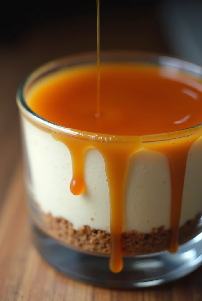 Pot en verre, avec dedans un cheesecake au petit beurre et caramel beurre salé 