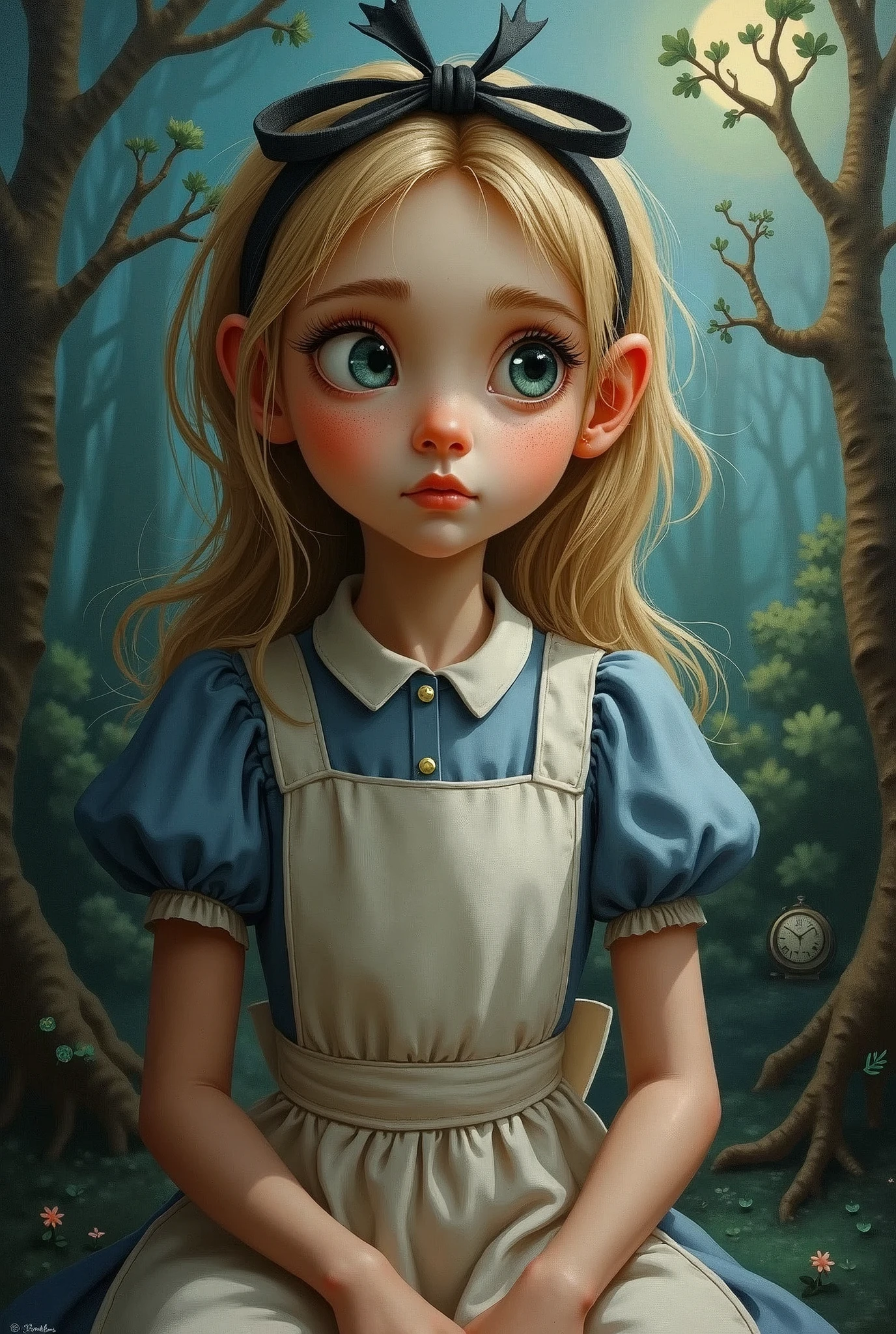 Create a full-body painting of Alice in Alice in Wonderland to capture a moment of deep contemplation. Her expression should be a mixture of curiosity and a hint of anxiety, as if she is in deep doubt about reality and her place in it. Her large eyes should be wide open, reflecting the surreal world around her. Perhaps there should be hints of distorted imagery hidden in the colourful landscape - a smiling Cheshire cat, a clock, the winding paths of a Wonderland forest. The lighting is soft yet dramatic, casting gentle shadows that emphasise the depth of her thoughts. Her hair could be slightly dishevelled, as if she has been on a long journey, and the iconic headband should perhaps be slightly slanted to add to the sense that she is pensive. The colour palette should be a mix of soft pastels and dark, introspective tones to create a balance between innocence and the complexity of her thoughts.

Translated with DeepL.com (free version)