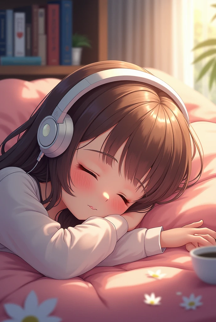 Anime style girl listening to music while sleeping
