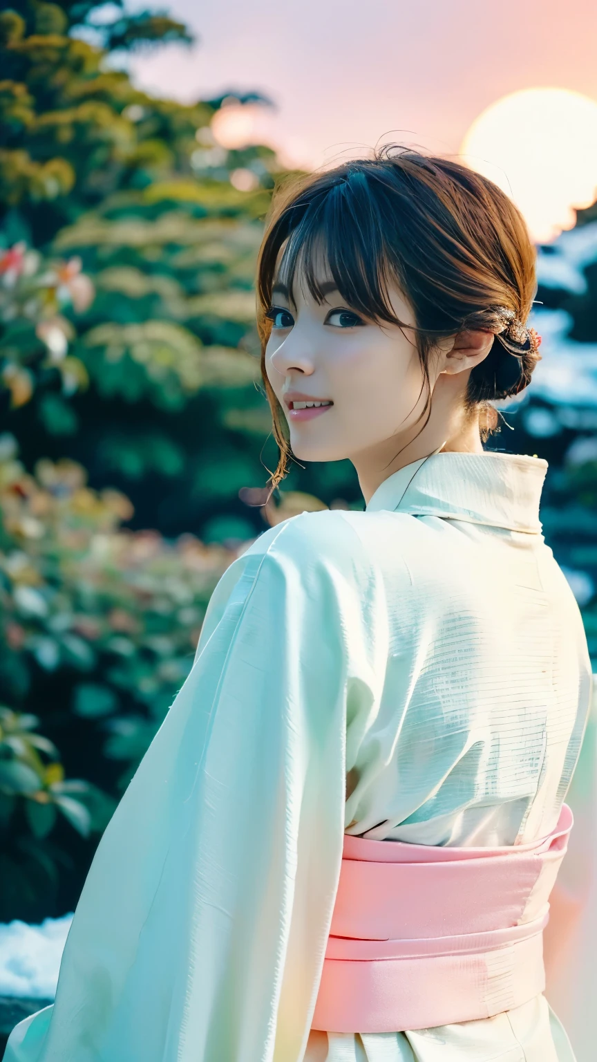 First Person,Perfect Anatomy,(((Wear white clothing that exposes as little skin as possible,夜に雪山に膝を揃えて腰を下ろした美Shiiしほさん))),(((In the dim light of a snowstorm,A snow woman in a white kimono is looking at the moon with her hands clasped behind her back))),masterpiece,色白のうなじが眩Shii,(((The pure white kimono stands out))),Tuck your chin in, tilt your head, and place your hand on your cheek,((4K full body shot taken from behind with the moon in the background)),20-year-old, The lustrous chestnut colored two-block very short haircut has a sexy nape,(Smile with the corners of your mouth and eyebrows raised),((Gravure photoshoot in the snowy mountain forest)),((Long eyelashes,Big eyes,double eyelid,((Glossy thick lips)),Short bob suits you,Deep depth of field with Hasselblad, portraying the motion and grace of フリーズ, showing the wind blowing her ショートカット and clothes,Outdoor, Detailed Background,Best image quality,Professional perspective,素晴らShiiディテール,Ultra-high resolution,Realistic:1.4),Attention to detail,Beauty condensed into one girl,栗色の美Shiiヘアーが風で揺れる,Delicate, high-nosed, and beautiful face,Long limbs like a model,Tight waist,チラ見えする白い肌が眩Shii,God like in the movies々Shii,