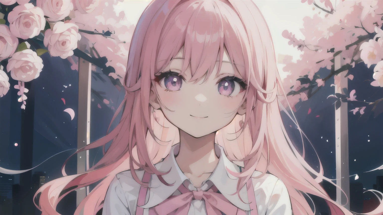 materpiece, Best Quality, 1 girl, pink hair, long straight hair, Wearing a milky white ultra-light pink school uniform, Light pink pupils, Cute girl, purple eyes, smile, upper body