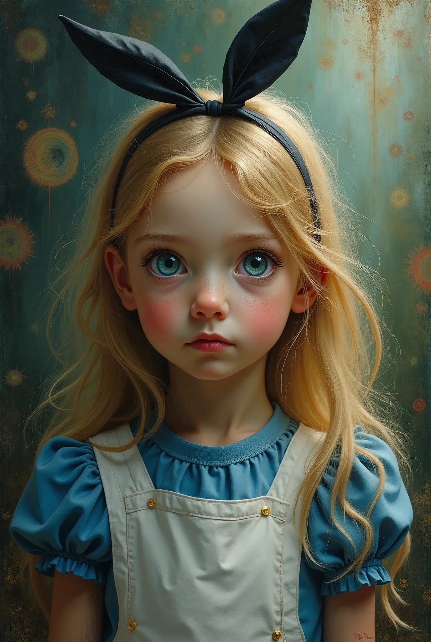 Create a full-body painting of Alice in Alice in Wonderland to capture a moment of deep contemplation. Her expression should be a mixture of curiosity and a hint of anxiety, as if she is in deep doubt about reality and her place in it. Her large eyes should be wide open, reflecting the surreal world around her. Perhaps there should be hints of distorted imagery hidden in the colourful landscape - a smiling Cheshire cat, a clock, the winding paths of a Wonderland forest. The lighting is soft yet dramatic, casting gentle shadows that emphasise the depth of her thoughts. Her hair could be slightly dishevelled, as if she has been on a long journey, and the iconic headband should perhaps be slightly slanted to add to the sense that she is pensive. The colour palette should be a mix of soft pastels and dark, introspective tones to create a balance between innocence and the complexity of her thoughts.
Translated with DeepL.com (free version)