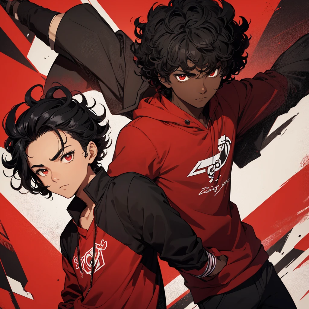 Image of a dark-skinned boy with curly black hair, wearing a red shirt with a black jacket over it, with design based on the style of a pokemon trainer.