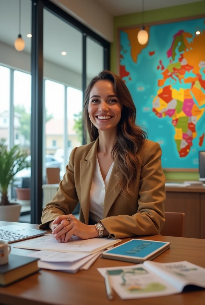 Create a realistic image in vertical format, that reflects a travel agency, where a smiling and young woman appears attending the agency 