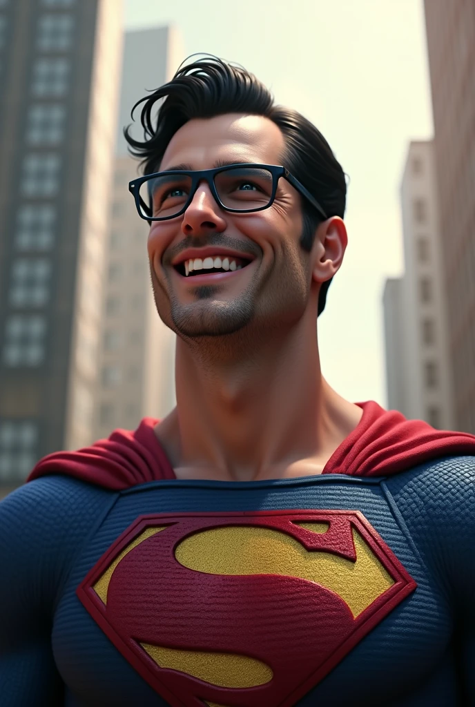 Create an image of Superman's face giving a satisfied laugh, wearing glasses and with his iconic costume and a dramatic and detailed background in 4k