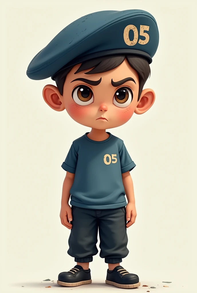 A small boy wearing a blue shirt with the number 05 in the upper right corner and a blue cap with the number 05 . She has short military style hair., his face is serious, does not show an emotion, He's small. Make it in a cartoon style, He's small e tem olhos castanhos. He wears black pants and black sneakers.. Don't forget the cap and short military hair, muito curto, scrached