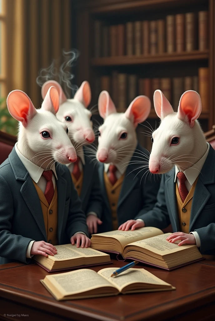 5 studious old albino rats in suits