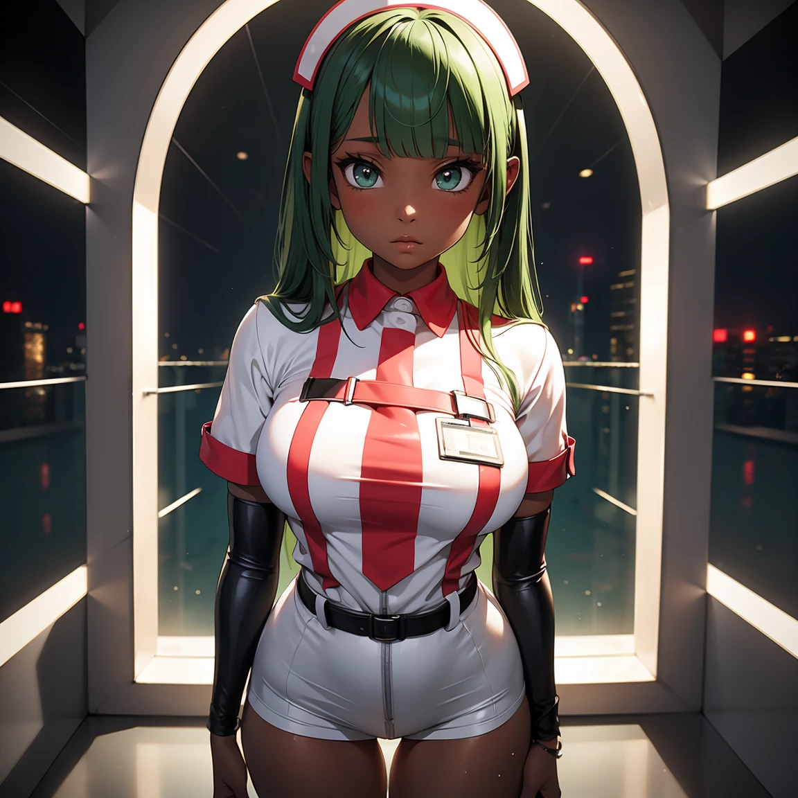 score_9, score_8_up, score_7_up, score_6_up, score_5_up, score_4_up, BREAK 1girl, light green tentacle hair, dark skin, thick lips, long eyelashes, stern expression, standing, blunt bangs, adult, BREAK solo, large breasts, adult, skinny, arched back, thigh gap, wearing nurse outfit, BREAK (office background:1.2), simple background, innocent, lovely, adorable, dynamic pose