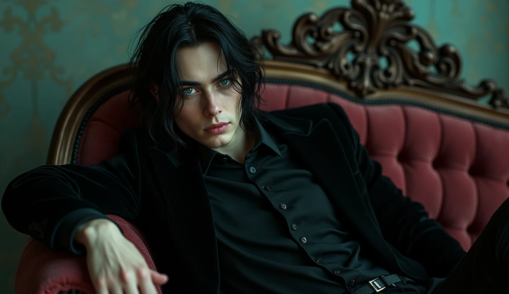 A sexy male with delicate facial features, black long hair, and teal blue eyes with all-black gothic clothes. Lying on a couch seductively and smirking. No facial hair 
