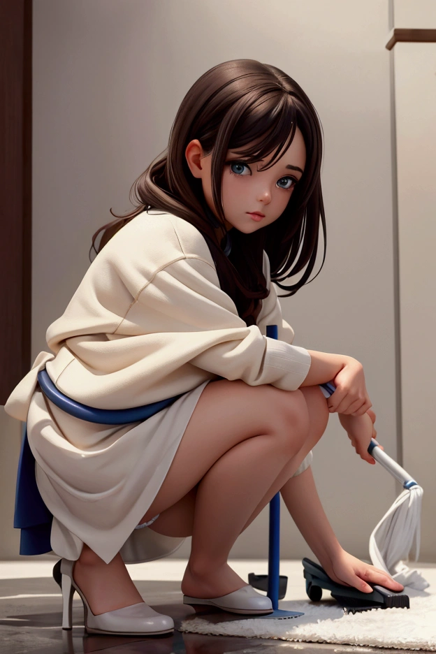 women, crouching down cleaning on her knees, without underwear showing the pussy