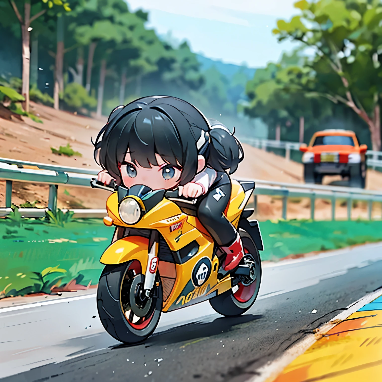 Little mascot girl, Rear view of a female racer racing on a road bike, Black Hair, semi-long, stylish, Road Bike Racing, Behind the scenes of a heated battle between multiple road racers, speed, boost mood, Panning View, A rear view of a female racer chasing another female racer in front of her, Chasing from behind, Back depiction，