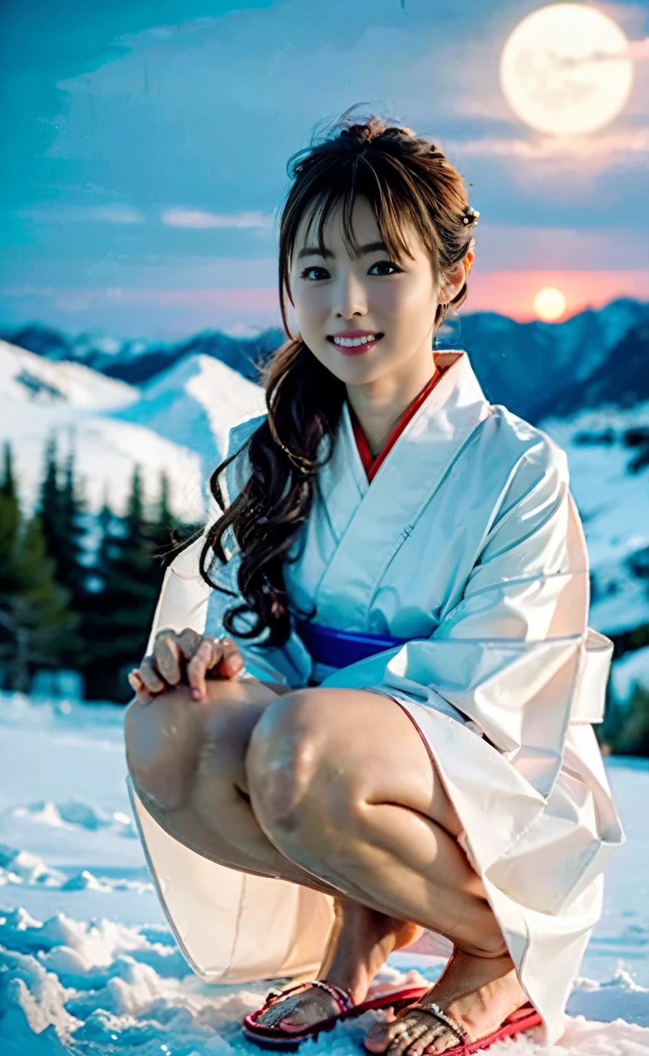 (((Perfect limbs and body with detailed depictions of the limbs based on perfect anatomy, no extra arms or extra knees))),First Person,(((A beautiful Yuki-onna (snow woman) wearing a thin white kimono is resting on the snowy surface of a snowy mountain at night, squatting with her knees together, eyebrows and corners of her mouth raised, and a smile on her face.))),(((In the moonlight of a late night when snow is falling heavily, a snow woman in a white kimono stands out as she gazes at the moon.))),masterpiece,Her fair, translucent skin gives off an aura.,The pure white kimono stands out against the snowy mountains.,(((Lift your chin, look up, and place your hands on your cheeks in joy.))),((Full-body 4K side portrait shot of bare feet with the moon in the background)),20-year-old, The glossy chestnut-colored one-length long hair is sexy.,((Gravure photoshoot on the summit of a snowy mountain)),Long eyelashes,Big eyes,double eyelid,((Glossy red and thick lips)),Deep depth of field photography with Hasselblad,Detailed background looking down from a mountain top with the moon visible,Best image quality,Professional perspective,Amazing details,Ultra-high resolution,Realistic:1.4,Attention to detail,Amazing beauty condensed into one girl.,Beautiful long chestnut hair fluttering in the wind,Delicate, high-nosed and beautiful face,Long limbs like a model,Tight waist,The glimpse of white skin is dazzling,god々A good appearance,Cinematic Production,