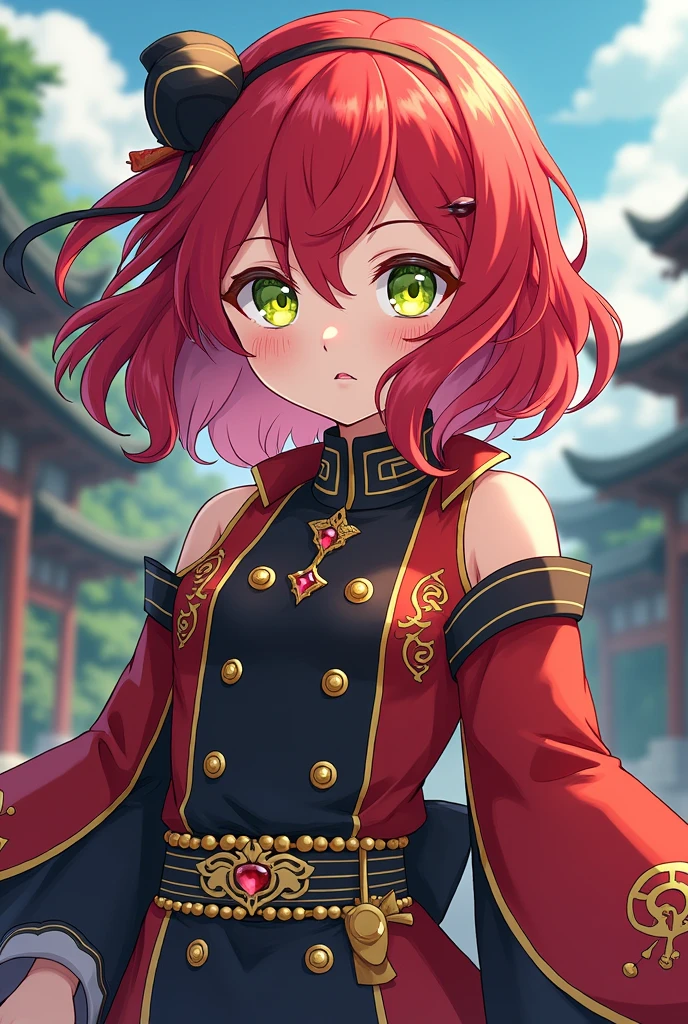 Create a character with the Kimetsu no Yaiba design, a red-haired girl with knee-length hair, bright yellow eyes with bright green pupils. She has a hunter outfit like Mitsuri's.