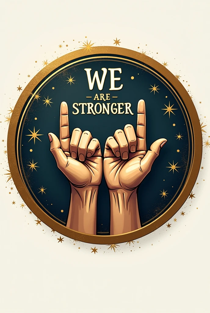 a round logo, golden edges, a hand and written together we are stronger