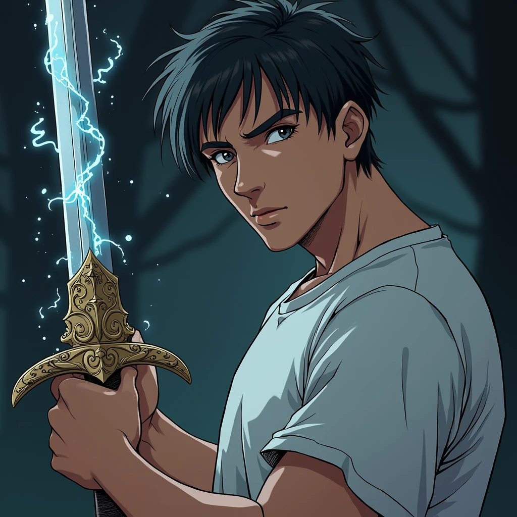 Man wearing a tshirt , hold a sword, head side view , fantasy rpg , close up, anime