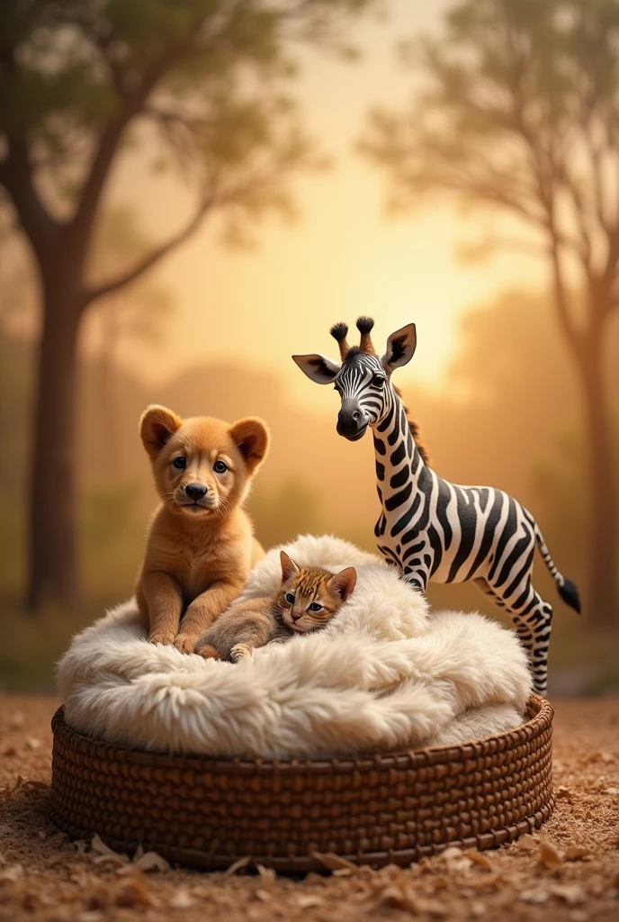 Create a photo background for me with a real safari themed New Born scenery, with **** animals wrapped around and an empty round bed, There is no one on the bed, the bed is empty, around the bed there is a puppy, of Leo, there is a baby zebra and there is a baby giraffe 