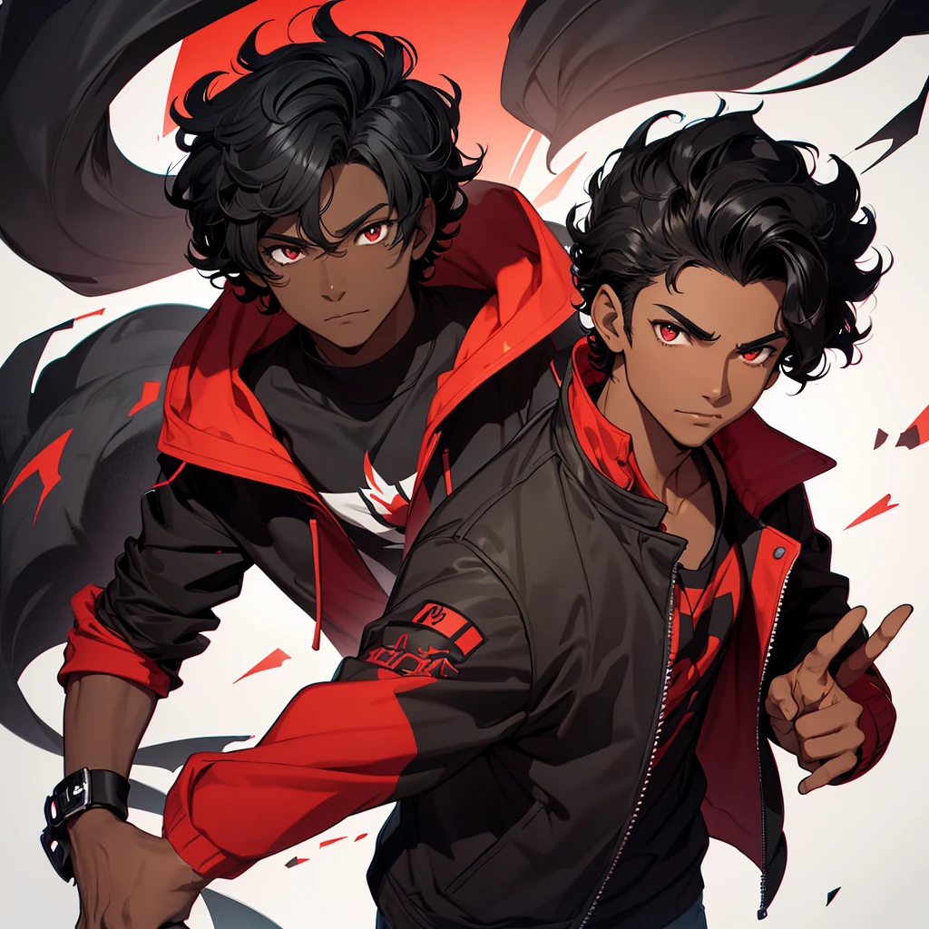 Image of a dark-skinned boy with curly black hair wearing a red shirt and a black jacket over it, with design based on the style of a pokemon trainer.