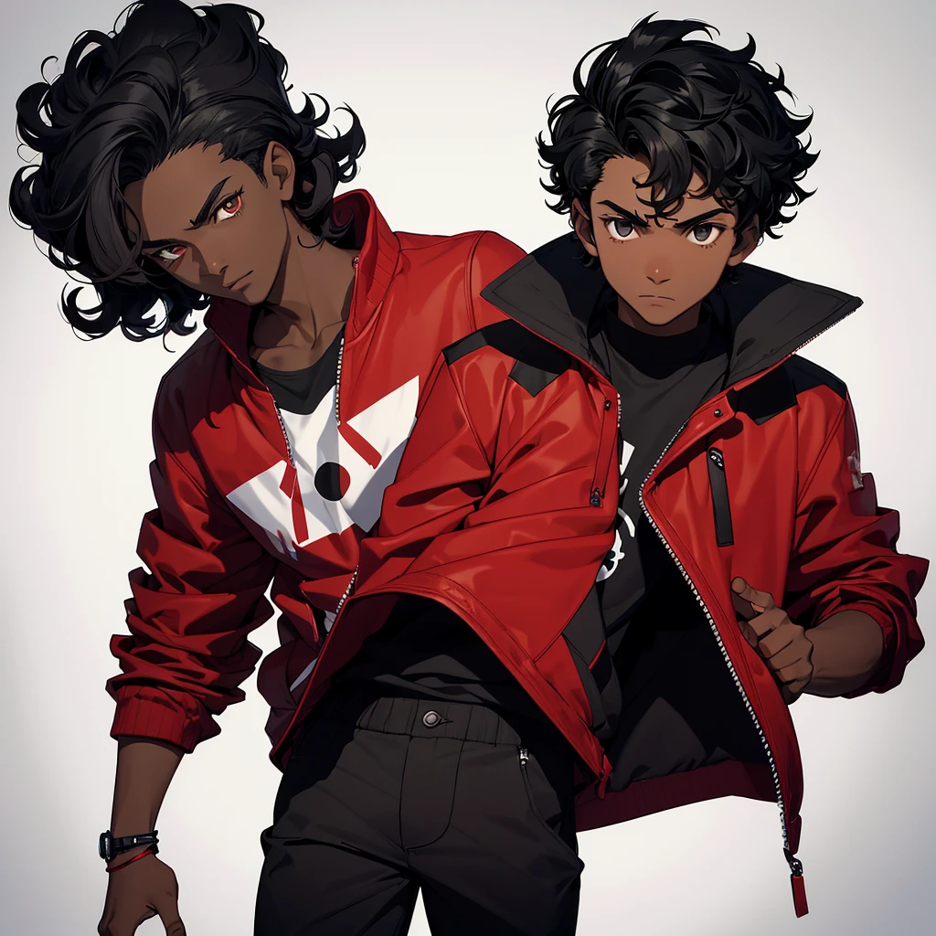 Image of a dark-skinned boy with curly black hair wearing a red shirt and a black jacket over it, with design based on the style of a pokemon trainer.