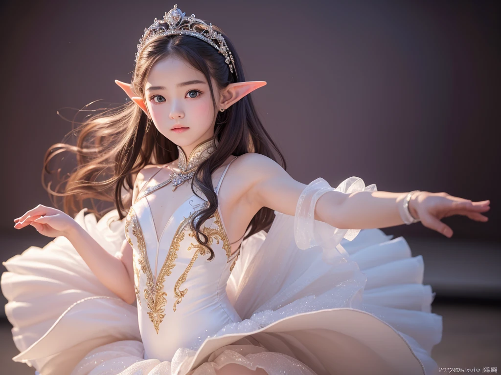 High resolution、High level image quality、16K、real live action、Raw photo、highest quality、masterpiece、16 year old elf girl、ballerina、unparalleled beauty、leotard、Wearing a tiara on your head、young face、(((beautiful girl)))、Dancing on stage、Swan Lake、long pointed ears