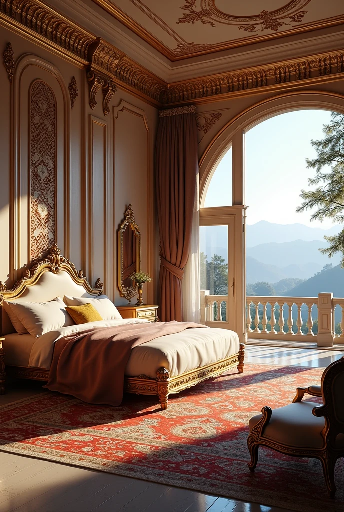 Luxurious brown royal bedroom, complete view, withouth People, with bed, with windows, bedside table and chairs, big fit ass