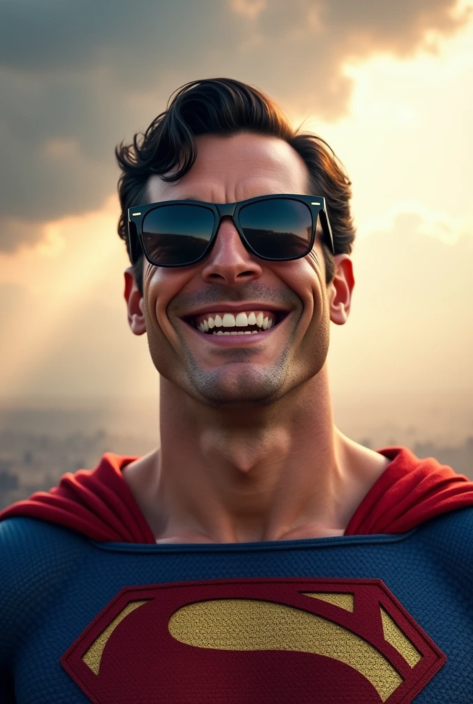 Create an image of Superman's face giving a satisfied laugh, wearing sunglasses with his iconic outfit and a dramatic and detailed background in 4k