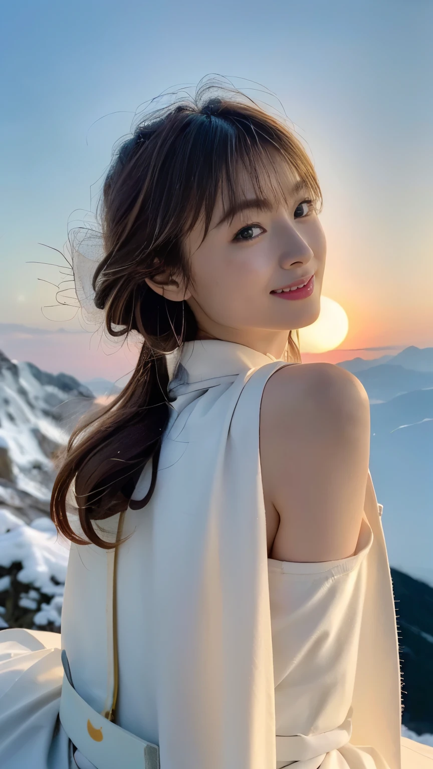 First Person,Perfect Anatomy ,(((Wear thin white kimono that exposes as little skin as possible,Beautiful woman sitting with her knees together on a rock in a snowy mountain at night))),(((In the dim moonlight of a snowstorm, a snow woman in a white kimono is gazing at the moon.))),(((masterpiece))),Her pale nape is dazzling,(((The pure white kimono stands out against the snowy mountains.))),Natural colors,Tuck your chin in and place your hand on your cheek,((4K profile shot with the moon in the background)),20-year-old, The glossy chestnut colored, one-length, silky hair is sexy.,(Smile with the corners of your mouth and eyebrows raised),((Gravure photoshoot in the snowy mountain forest)),((Long eyelashes,Big eyes,double eyelid,((Glossy thick lips)),Deep depth of field with Hasselblad,portraying the motion and grace of フリーズ,Outdoor detailed background,Best image quality,Professional perspective,Amazing details,Ultra-high resolution,Realistic:1.4),Attention to detail,Attention to detail,God for one girl々It is a condensed version of,Beautiful, smooth chestnut-colored hair,Delicate face with a high nose,Long limbs like a model,Tight waist,The glimpse of white skin is dazzling,God like a movie director々Emitting an aura,