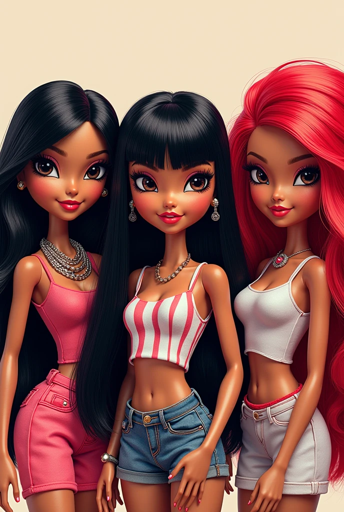 1 bratz brande with black hair and bangs next to 1 brown bratz with straight black hair without bangs next to 1 bratz with big straight red hair