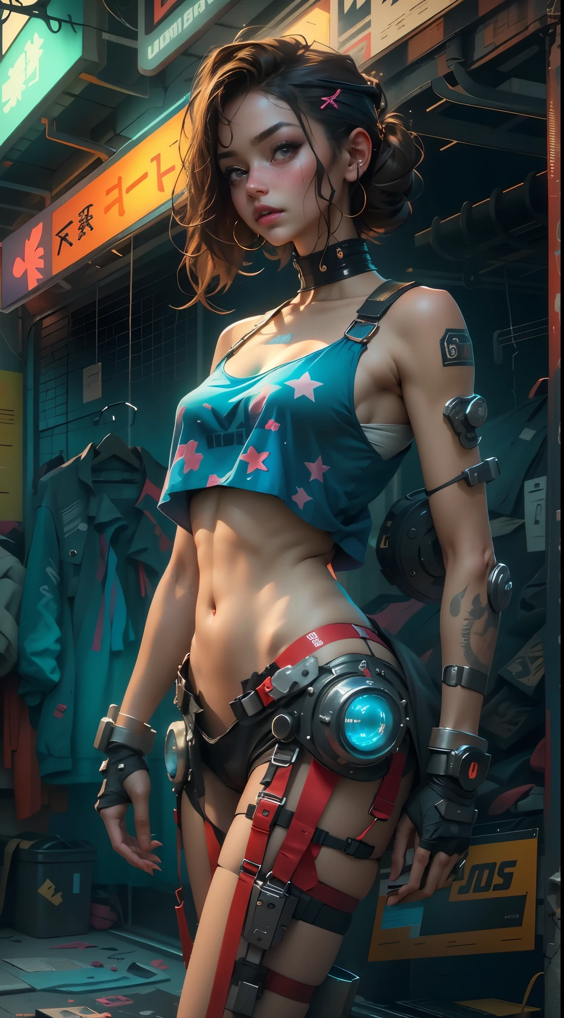 unreal engine:1.4,CG ultra realistic 64K, photorealistic:1.4, skin texture:1.4, masterpiece:1.4,posing behind Beautiful woman with babydoll lingerie、Short yellow cyberpunk style clothing, pantimedias red , Blue mini skirt,