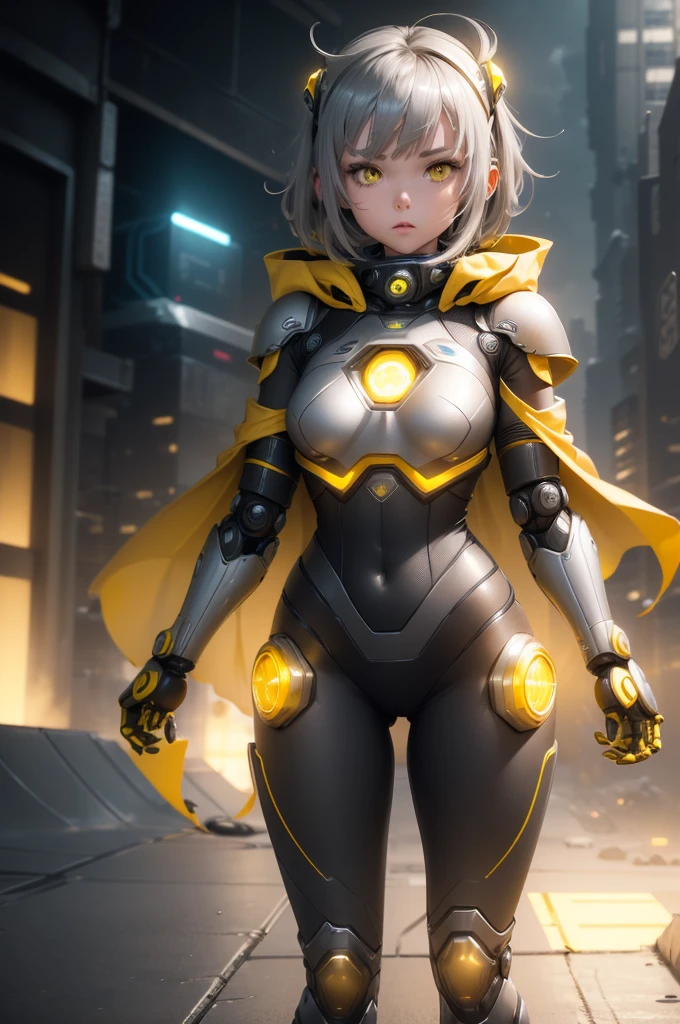 1girl, Female robot, superheroine, android girl, teenager, (((gray with yellow accents robotic cyber armor))), (yellow cape), (yellow shinning core in the chest), (gray mechanic gloves), (gray armored boots), (metallic long beam saber), pale skin, (shinning yellow eyes), ((gray short shoulder length hair)), wide hips, thick thighs, narrow waist, ((standing on a rooftop)), ((futuristic city background)), (at night), (((only one character))), (((alone))), (((solo)))