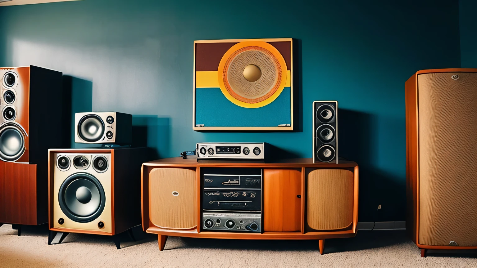 "A retro 1970s listening room filled with vintage sound equipment, including large wooden speakers, classic amplifiers, a turntable, and an equalizer, all set against a warm, nostalgic backdrop."
"A 70s-inspired sound studio with iconic speakers, amplifiers, a vintage turntable, and a mixing table, capturing the essence of high-fidelity audio from the era, no people present."
"Step into a retro music listening space from the 1970s, featuring authentic sound systems like wooden speakers, analog amplifiers, an equalizer, and a turntable, with a warm, ambient vibe."
"A nostalgic 1970s sound room showcasing classic audio equipment such as vintage speakers, amplifiers, an equalizer, and a mixer, set in a cozy, retro-themed environment, without any people."
"Inside a retro 70s music room, highlighting large vintage speakers, an iconic turntable, amplifiers, and a mixing table, all arranged to evoke the timeless sound and style of the era."