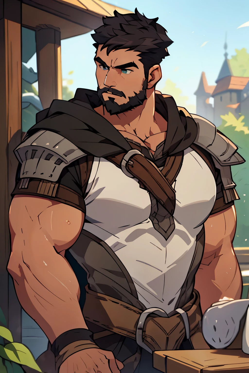 Large medieval kingdom in the background, old mature muscular male, black hair, very short hair, undercut hairstyle, undercut hair, undercut, ((black beard))), ((((stubble:1.0))), goatee, green eyes, bright eyes, 48 years old, bara, muscular male, tall, large shoulders, large chest, huge arms, (large waist:1.0), athlete, bare biceps, Abs, chest, medieval armor, light armor, black armor, Mystical armor, Golden details on the armor, gray details on the armor, elsword style armor, granblue fantasy style armor, black cloak, cloak over the shoulders, ((arms exposed:1.0)), Neutral face, cowboy shot, high resolution:1.2, best quality, master part, daylight, Reflection of lens, upper body shot, looking front