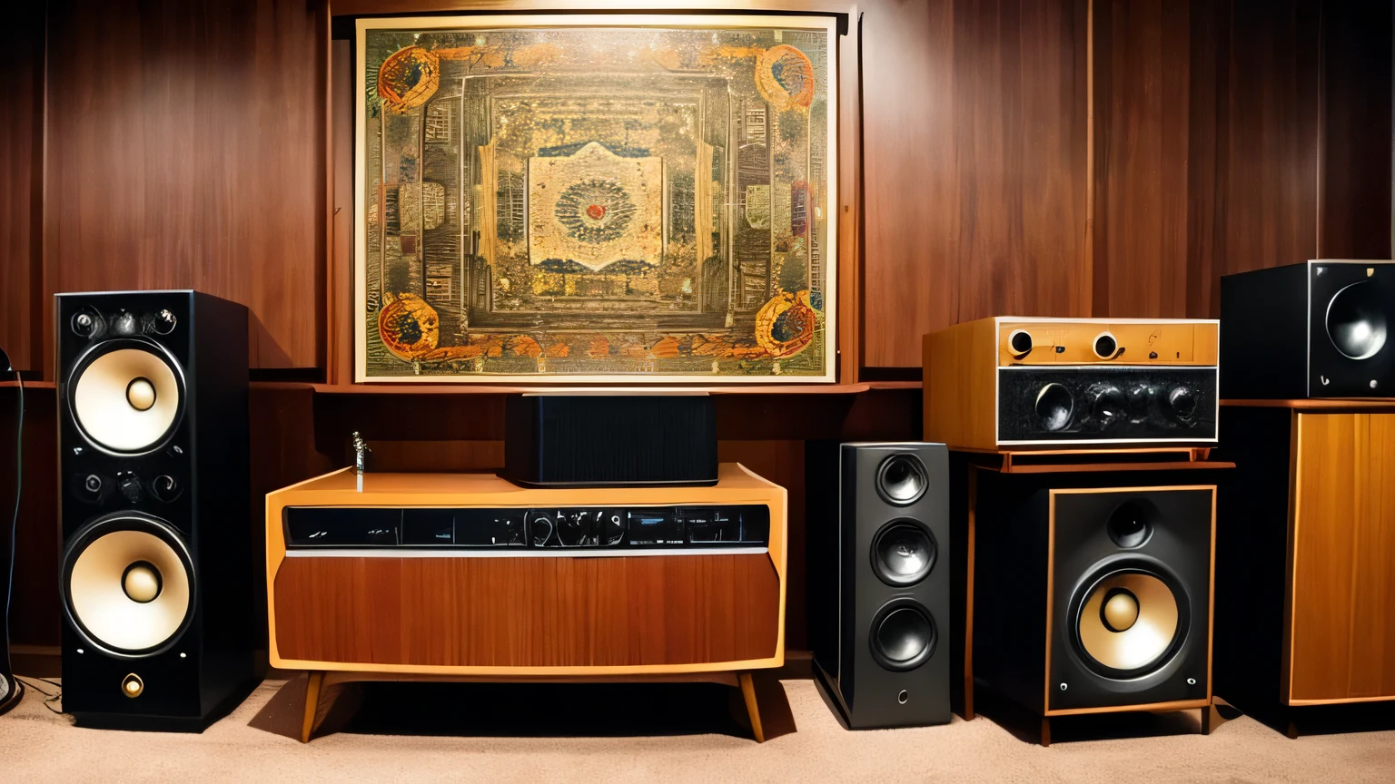 "A retro 1970s listening room filled with vintage sound equipment, including large wooden speakers, classic amplifiers, a turntable, and an equalizer, all set against a warm, nostalgic backdrop."
"A 70s-inspired sound studio with iconic speakers, amplifiers, a vintage turntable, and a mixing table, capturing the essence of high-fidelity audio from the era, no people present."
"Step into a retro music listening space from the 1970s, featuring authentic sound systems like wooden speakers, analog amplifiers, an equalizer, and a turntable, with a warm, ambient vibe."
"A nostalgic 1970s sound room showcasing classic audio equipment such as vintage speakers, amplifiers, an equalizer, and a mixer, set in a cozy, retro-themed environment, without any people."
"Inside a retro 70s music room, highlighting large vintage speakers, an iconic turntable, amplifiers, and a mixing table, all arranged to evoke the timeless sound and style of the era."