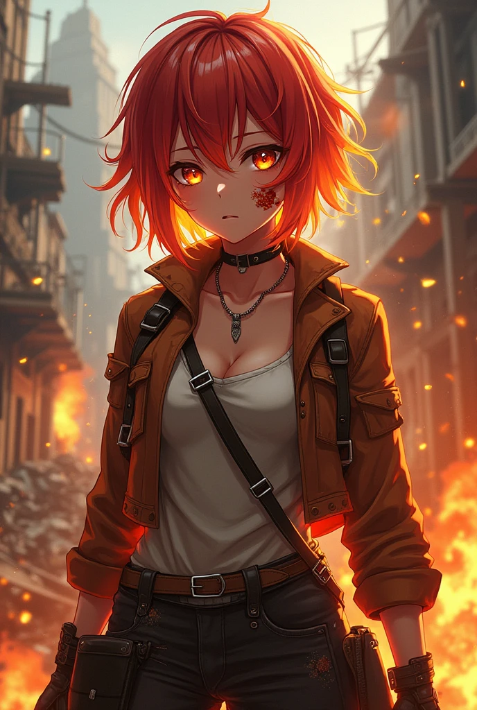 An anime style woman, that she is a pyromaniac, May the colors of your hair be like that of fire.May your hair be short and your eyes be amber colored. Wear post-apocalyptic clothing. That he has a pretty big burn on his cheek.