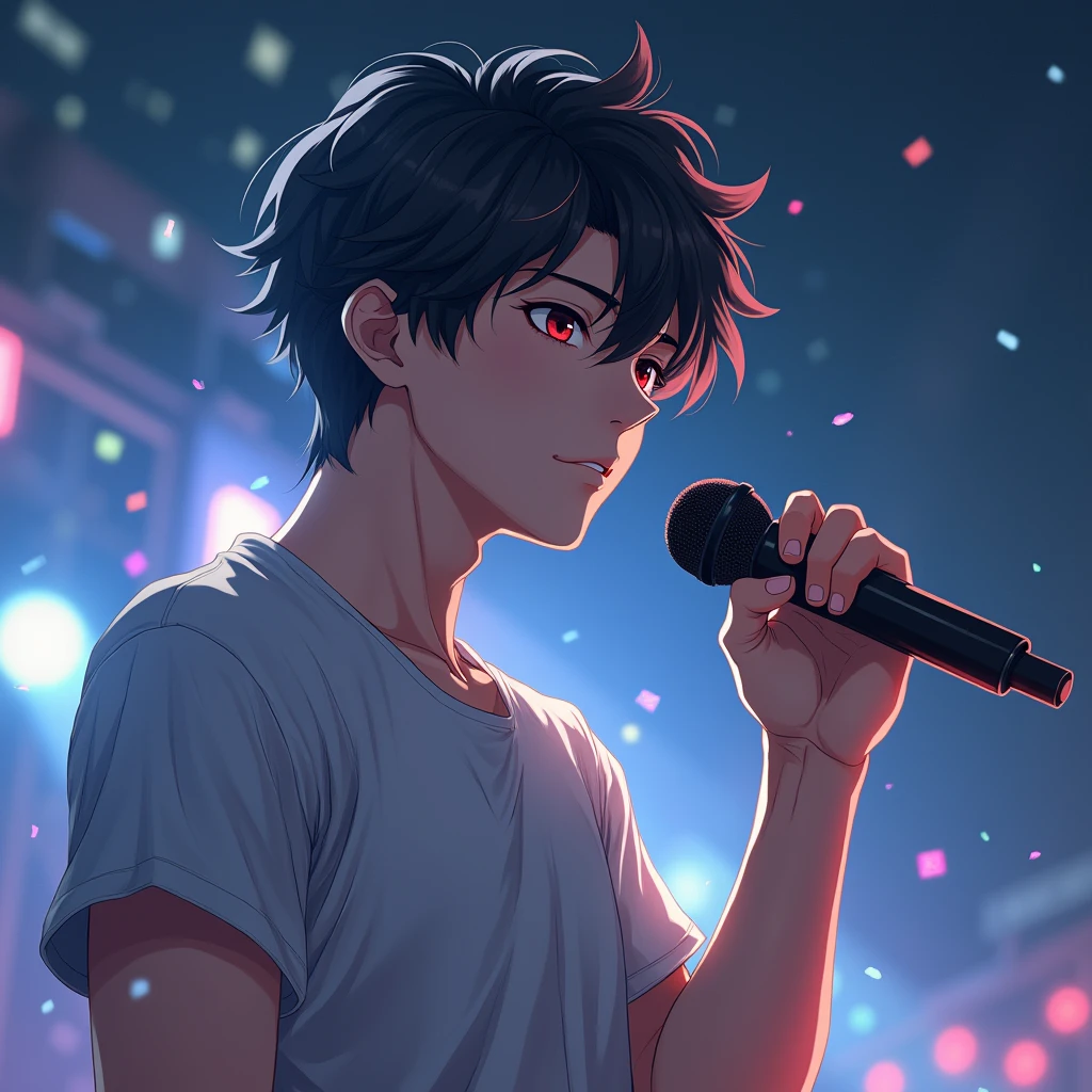 Man wearing a tshirt , hold a microphone, head side view , fantasy rpg , close up, anime