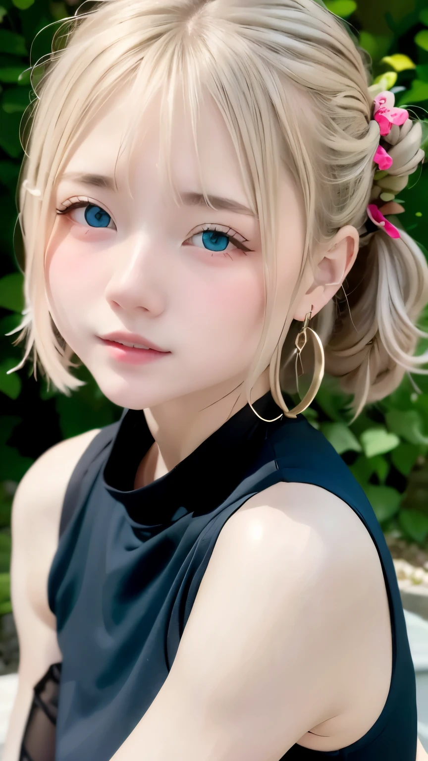 pretty girl, (Ash Blonde Hair), ((very bun hair)), Perfect Face, An innocent smile, Upper Body,(blue eyes), (small), (thin), nude、((small胸)), ((Only 16)),Nude Model、 Skin Dentition, Extremely detailed, Attractive oval face, Red lips, Red cheeks, Glowing Skin, Fine hair, Face Focus, Beautiful breasts,Pink nipples、 Gorgeous hair ornament, Gold earrings, ((1 girl)), Embarrassed expression,