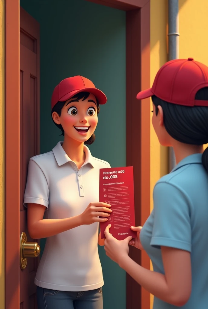 A smiling person in a white polo shirt and red cap knocking on a door, The person who answers the door smiles while the person who knocks on the door is seen showing him a red leaflet with what appears to be internet promotions.. The street looks like a Latin American street.