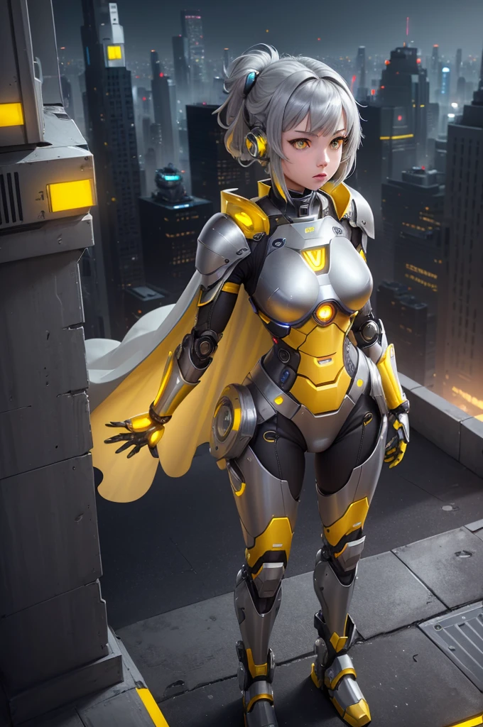 1girl, Female robot, superheroine, android girl, ager, (((gray with yellow accents robotic cyber armor))), (yellow cape), (yellow shinning core in the chest), (gray mechanic gloves), (gray armored boots), (metallic long beam saber), pale skin, (shinning yellow eyes), ((gray short shoulder length hair)), wide hips, thick thighs, narrow waist, ((standing on a rooftop)), ((futuristic city background)), (at night), (((only one character))), (((alone))), (((solo)))
