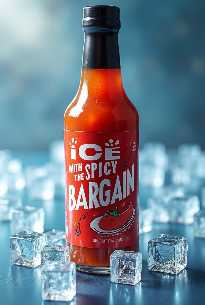 Bottle of hot sauce with ice and the label says ice with spicy the bargain