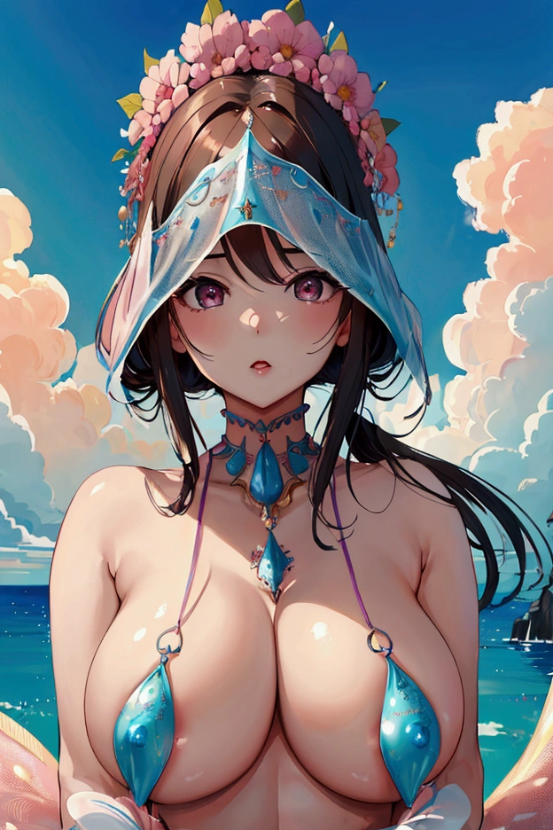 Highest quality, masterpiece, Ultra-high resolution, female、I Cup、、Nude Modude、Physicaauty、Sexy pose、Middlendle、Upper Body、Melon-shaped breasts、Beautiful pples、Smaller nipples