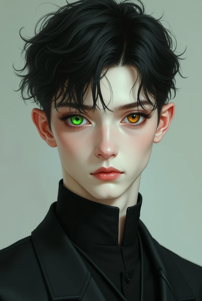 Tall boy, young, Elegant and serious with one green eye and one honey-colored eye, He has short black hair and pale skin.
