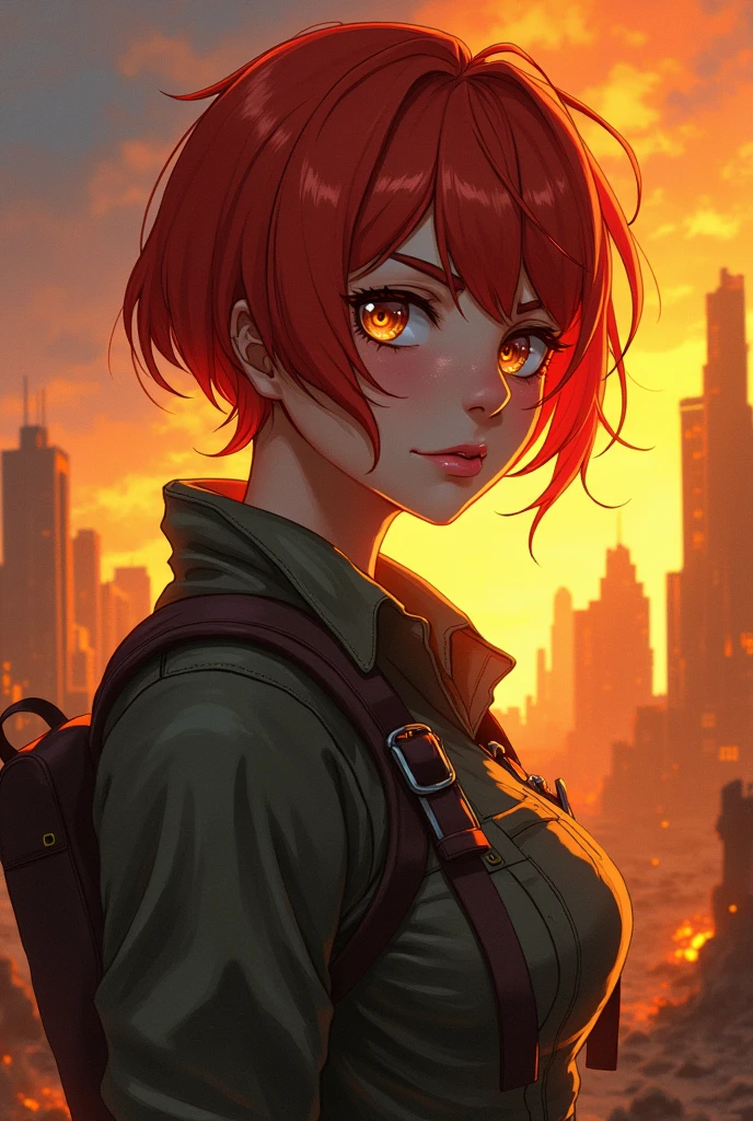 An anime style woman, that she is a pyromaniac, May the colors of your hair be like that of fire.May your hair be short and your eyes be amber colored. Wear post-apocalyptic clothing. That he has a pretty big burn on his cheek. 
