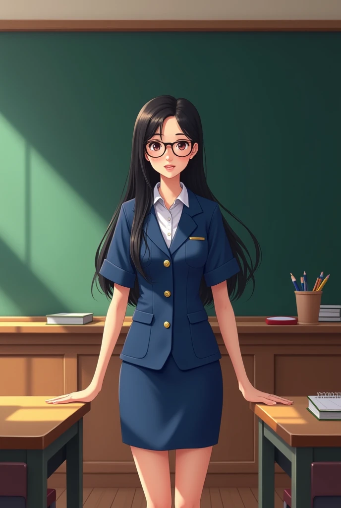 young teacher loose black hair, with glasses, royal blue uniform in the classroom in front of the blackboard