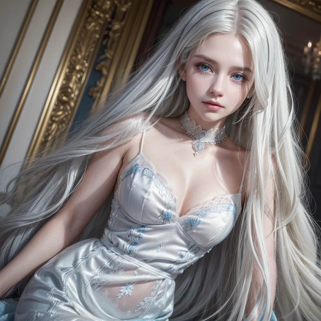 (Highly Detailed CG Unity 8K Wallpaper, masterpiece, Highest quality), (Exquisite lighting and shadows, A very dramatic picture, cinematic lens effects), a girl in a white costume, Silver grey hair color , Sitting on the couch, Dynamic pose), (Amazing details, Excellent lighting, Wide-angle), (Excellent rendering, Stand out in the same class), Costumes, Intricate spider texture